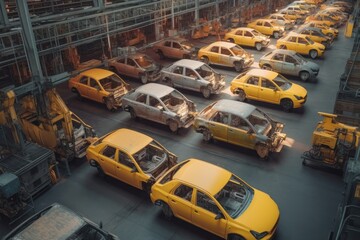 A car assembly factory in a wide hall . car industry. Ai generative