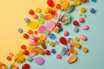 Naklejka na ściany i meble Candy colored wallpaper design with jelly beans and lollipops. Generative AI