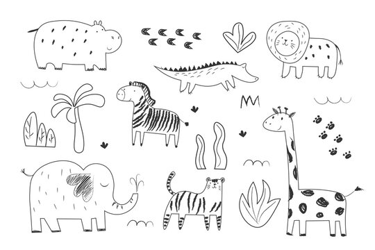 African animals set doodle vector linear drawing elephant, tiger, lion, rhinoceros, hippo, giraffe, zebra, tropical tree Cute children s illustrations EPS