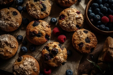 Freshly homemade baked blueberry and rasberry muffins in a rustic setting on the wooden table top view, Generative AI