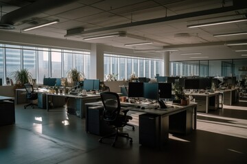 Empty modern office with no employees due to remote work trend, reflecting the impact of flexible working arrangements and the rise of remote work culture on traditional office spaces, generative ai - obrazy, fototapety, plakaty