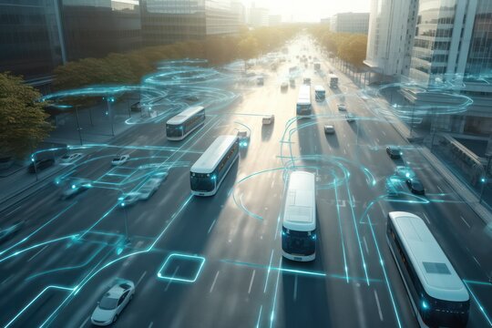 Overhead view of roads in a futuristic city with autonomous vehicles, overlay vehicle tracking system, advanced traffic management, intelligent transportation, and smart city concepts, generative ai