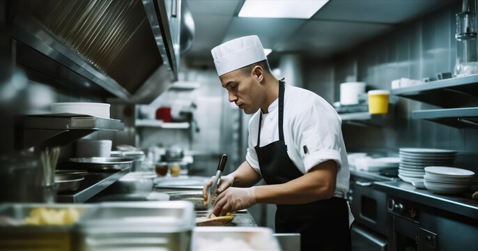Candid photo of a young male chef preparing food in a restaurant kitchen, displaying culinary expertise and passion, ensuring delicious and high-quality dishes for patrons to enjoy, generative ai