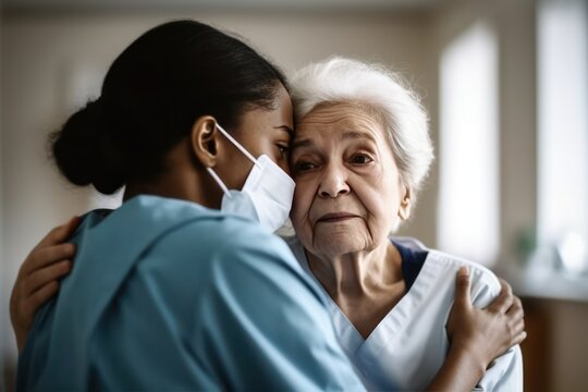 Elderly woman receiving care from nurse wearing medical mask, ensuring safety and compassion, generative ai