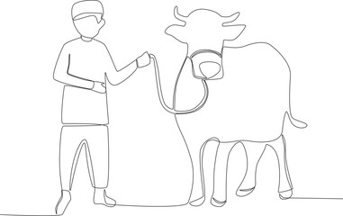 A boy holding a sacrificial cow. Eid al-Adha one-line drawing