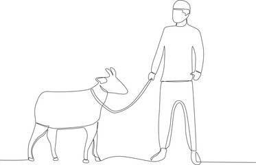 A Muslim man brings a sacrificial goat to the mosque. Eid al-Adha one-line drawing