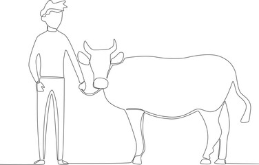 A man stood holding the rope of the sacrificial cow. Eid al-Adha one-line drawing