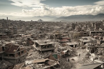 A earthquake has destroyed homes in a city, debris on the ground - Generative AI