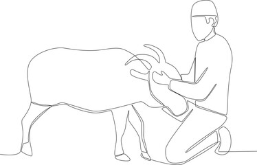 A man holding the head of a sacrificial goat. Eid al-Adha one-line drawing