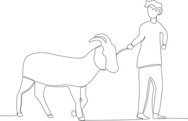 A man pulls a goat's rope. Eid al-Adha one-line drawing