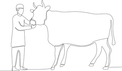 A man prepares a cow for sacrifice. Eid al-Adha one-line drawing