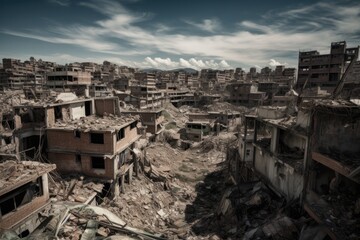 Fototapeta premium A earthquake has destroyed homes in a city, debris on the ground - Generative AI