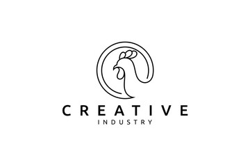 Chicken logo with circle frame in simple linear design style