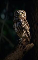 An owl's intense gaze pierces the darkness, a sentinel in the silent night