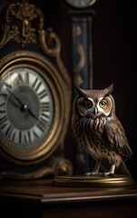 Vintage ambiance with an owl standing guard beside an antique clock, evoking timeless elegance.