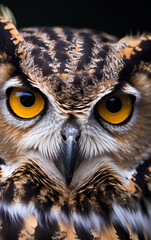 The close-up of an owl's face, with its striking yellow eyes, exudes a sense of wisdom and intensity from a focused gaze.
