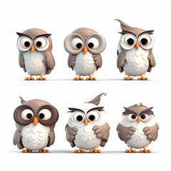 Fototapeta premium Quirky owlets in shades of grey and brown feature playful expressions, from inquisitive glances to cheeky smirks.