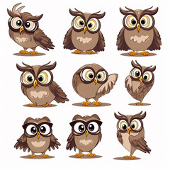 Obraz premium A group of owls with a range of expressions, wearing glasses that add a touch of wisdom and whimsy to their appearance.