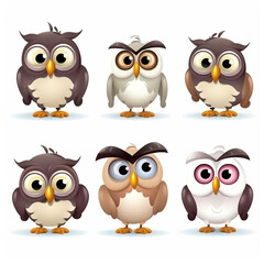 Fototapeta premium A set of brown cartoon owls, each with a unique facial expression, from stern and serious to wide-eyed and excited.