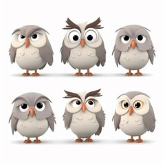 Fototapeta premium A charming array of owlets with endearingly grumpy and sleepy expressions, each character unique in its whimsical design.