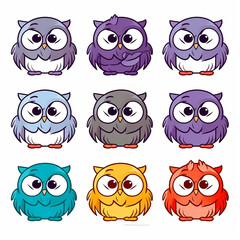 Colorful cartoon owls in shades of purple, blue, and orange, each with a distinct personality and emotion, perfect for engaging a young audience.