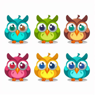 A delightful ensemble of cartoon owls, each with a distinctive personality, portrayed through a range of emotions from grumpy to cheerful.
