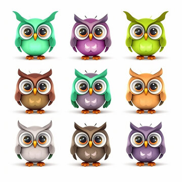 These cartoon owls exhibit a spectrum of emotions, from sleepy to perky, each character uniquely designed with a soft color palette.