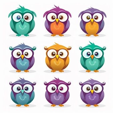 A group of brown cartoon owls displaying a spectrum of expressions, from curiosity to confusion, each character unique in its portrayal.