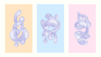 Abstract chrome liquid background set with round shapes, fluid splash bubble, trendy vector illustration Y2k light poster wallpaper texture 80s, 90s cover. EPS