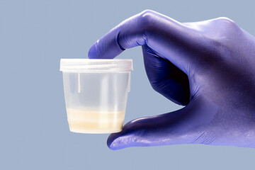 hand wearing nitrile glove holding semen or sperm sample collection container, semen donation...