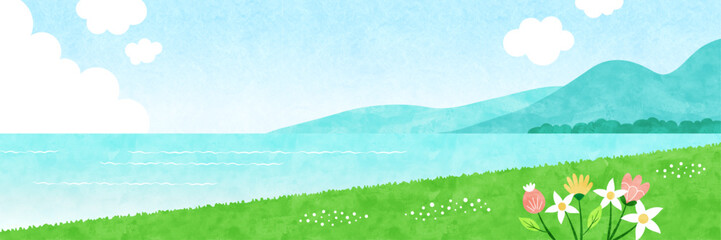 Fototapeta premium 花咲く草原と水辺の風景 夏の自然の水彩背景イラスト