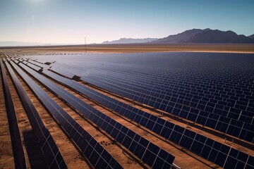 A vast solar energy farm, with rows of solar panels as far as the eye can see. The sheer scale hints at the potential for clean, renewable solar power.. Generative AI