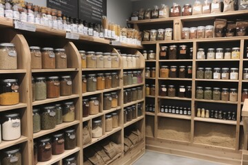 A health food store, with shelves of raw nuts and seeds, nutritional supplements, natural protein powders, cold-pressed oils, organic spices and fresh produce. Generative AI