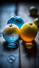 yellow, blue apples, raindrops, stylish moodboard