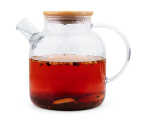 Black tea in glass cup on white