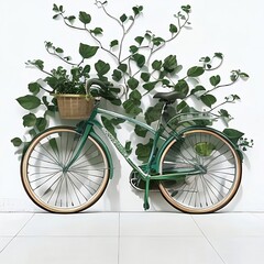 green bicycle covered with plants and leaves, aesthetic, earth day, travel and transport, generative AI