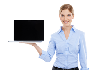 Laptop, product placement and portrait of business woman on isolated, transparent and png background. Technology, advertising and happy female on computer for website, social media and communication