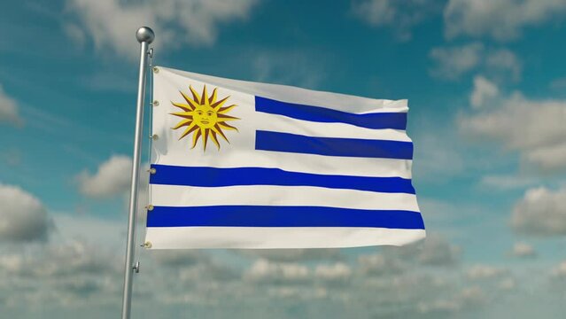 Waving flag of Uruguay, animation of flying around, fine clouds on the background