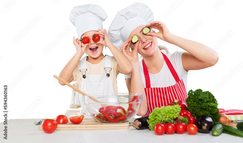 Sticker mother and funny daughter playing in the kitchen with vegetables