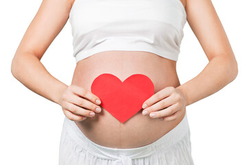 Pregnant mother showing her belly and holding a mini heart