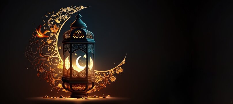 copy space golden lantern in black background , ramadan islam eid adha banner by ai generative
