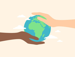 Two hands of people of different ethnicities holding planet Earth on a beige background. Flat vector illustration
