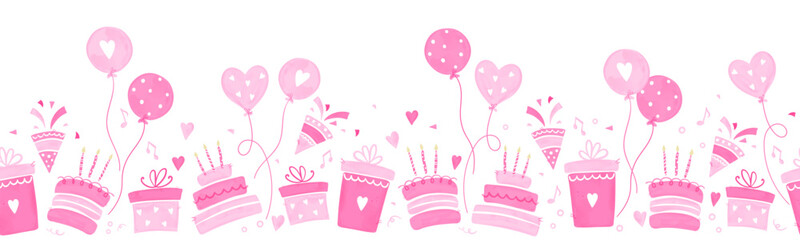 Fun hand drawn party seamless design with cakes, gift boxes, balloons and party decoration. Great for birthday parties, textiles, banners, wallpapers, wrapping - vector design © TALVA