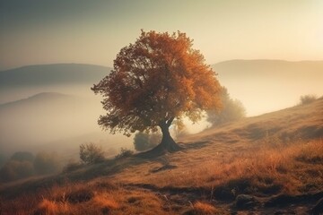 Fototapeta na wymiar tree on hill on foggy autumn morning, fantasy landscape. Generative AI