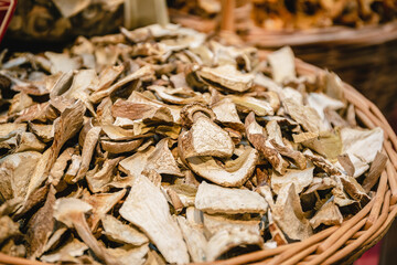 Dried mushroom slices, dried porcini mushrooms on sale in the store, dried mushrooms on the market, high protein product, dehydrated mushrooms, vegetarian or vegan food
