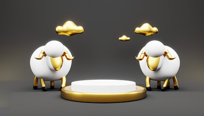 Obraz premium 3D Podium Product Display of eid-al-adha mubarak with cute goat animal gold black elegant background