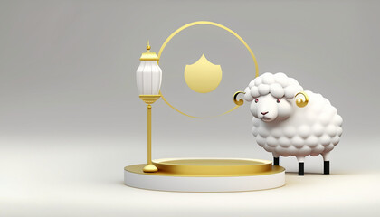 3D Podium Product Display of eid-al-adha mubarak with goat animal and lamp islamic ornament