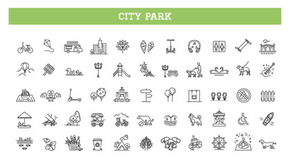 City park icons set. The open plot of land for recreation