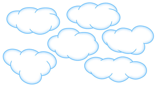 Set of 6 cartoon clouds in kids style on transparent background