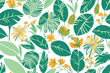 Fototapeta premium Monstera green leaves or Monstera Deliciosa background. Seamless flat painting. Beautiful tribal generative ai art background., palm, rubber plant, pine, bird’s nest fern